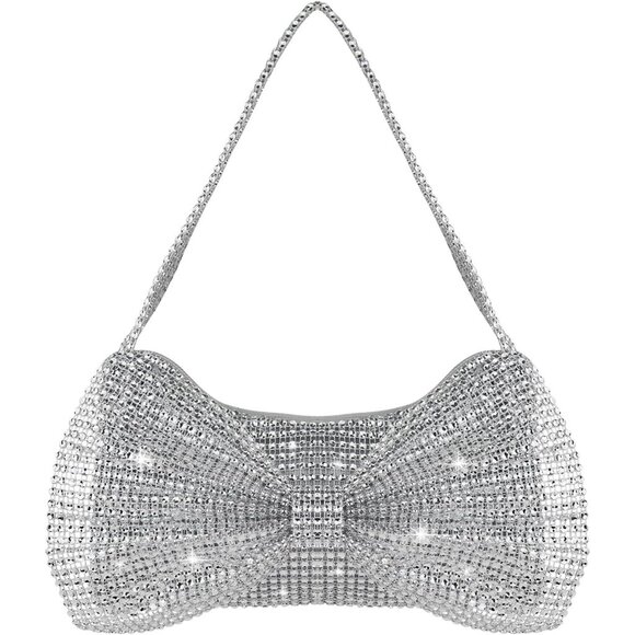 🆕Women Silver Rhinestone Evening Clutch Purse  Bowknot Elegant Party Handbag - Picture 1 of 6